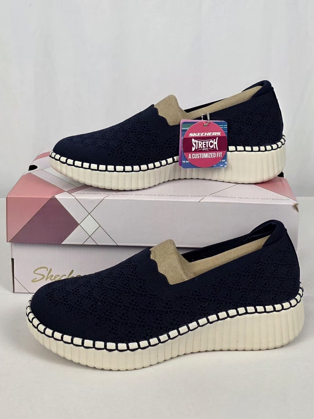 Skechers Navy Slip-On Stretch Knit Platform Sneakers Size 8 NWT